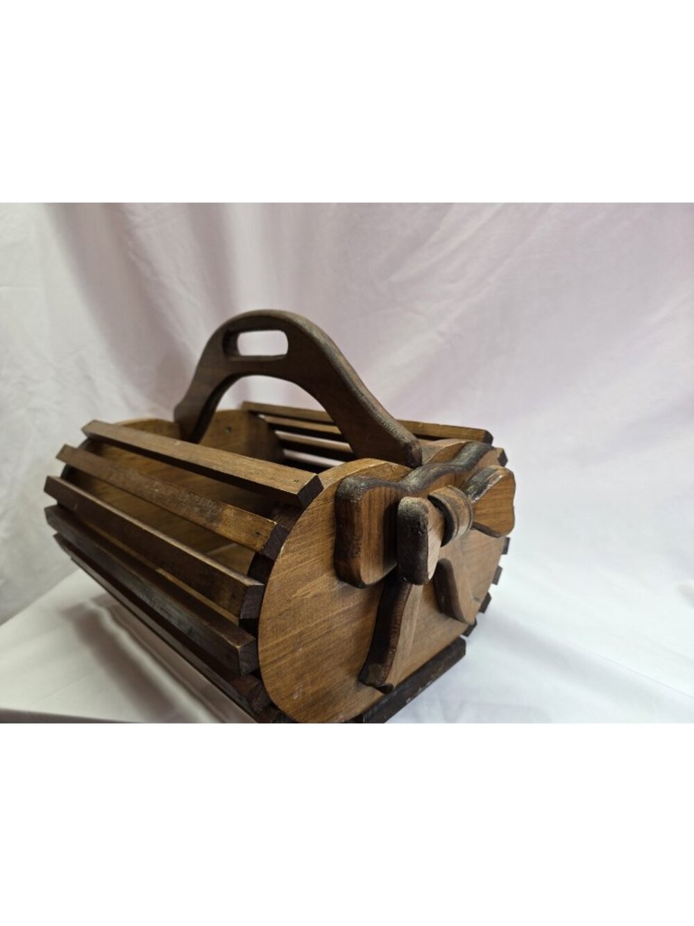 Vintage Cottagecore Shabby Chic Wooden Basket Wood Carrying Basket Rustic Bows